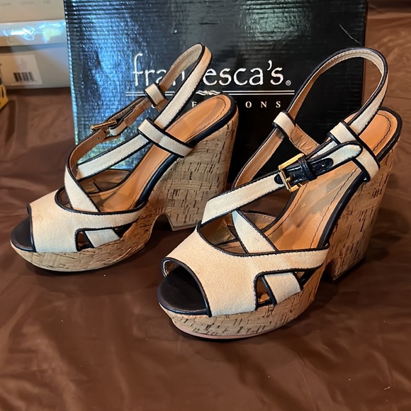 Like new size 7.5 white canvas and navy trim cork wedges - Picture 3 of 9